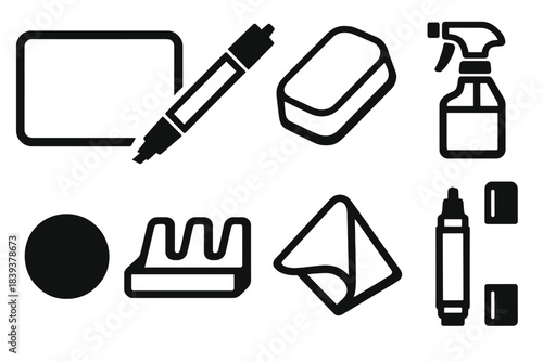 Dry-Erase Icon Collection. Dry-erase setup items silhouette set: frameless board, dual-tip marker, soft eraser, cleaning spray, magnet dot, marker holder, board cloth, refill