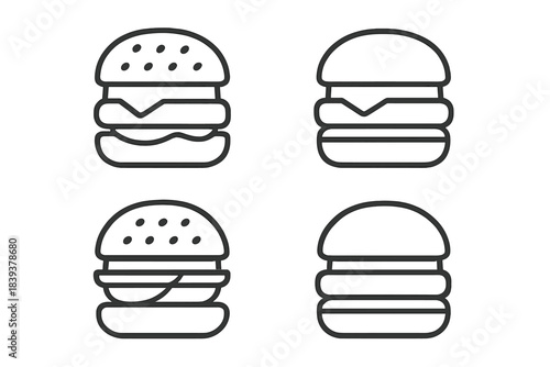 Different styles of burgers displayed in a simple graphic format with various toppings and arrangements