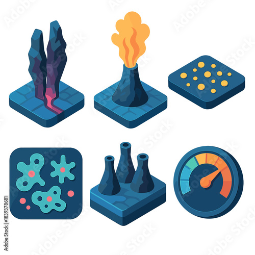 Isometric Seafloor Vents. Seafloor Vent Structures flat isometric set: fissure outlet, rising heat plume, sulfur granule patch, microbial film icon, vent ridge panel, intensity
