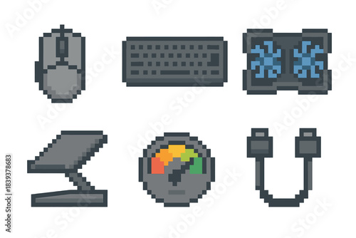 Digital Gear Icons. Digital performance gear pixel style set: precision mouse icon, slim keyboard, cooling pad, adjustable stand, performance meter, data cable.