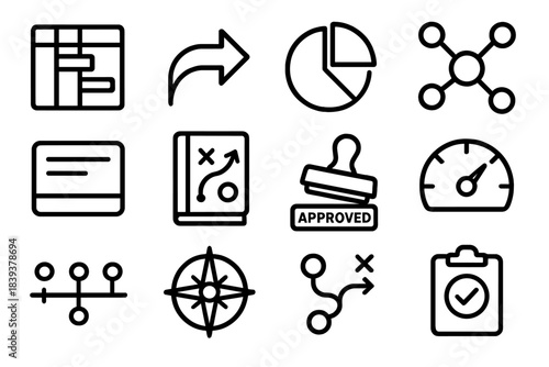 Operational Planning Icons. Operational Planning Kit linear set: gantt stripe, workflow arrow, resource pie chart, dependency nodes, task card, strategy binder, review stamp,
