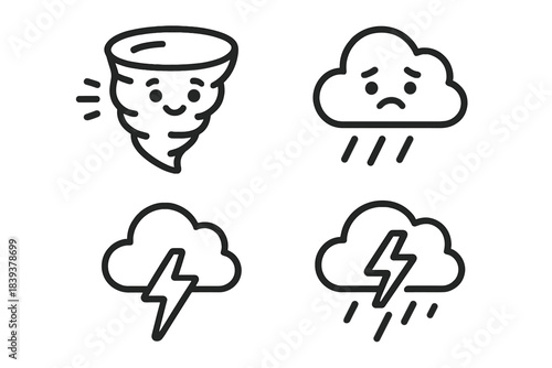 Weather symbols show tornado, rain, and storm with lightning