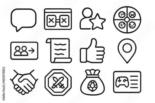 Player Interaction Icons. Player Interaction Tools linear set: chat bubble icon, trade window symbol, friend request badge, emote wheel, party invite card, communication scroll,