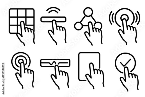 Interactive Touch Icons. Interactive touch pathways linear set: tactile pad tile, haptic feedback bar, gesture node, vibration arc, pressure cue icon, signal pulse strip, touch