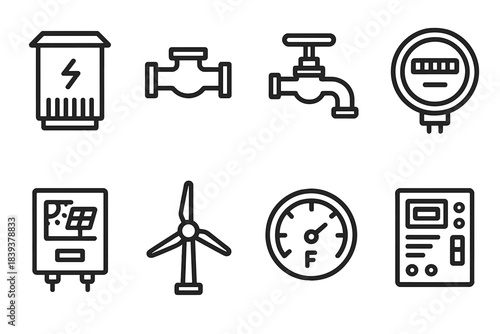 Energy Icons Collection. Energy infrastructure elements linear set: transformer box, pipeline segment, hydrant valve, electric meter, solar inverter, wind rotor, fuel gauge,