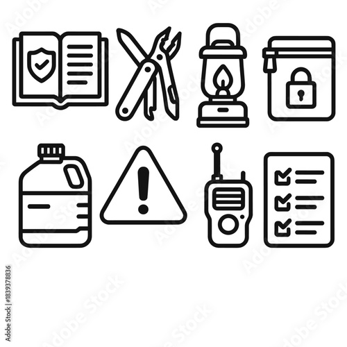 Readiness Icons Collection. Readiness essentials collection linear set: safety manual, multi-tool, emergency lamp, secure document pouch, hydration jug, caution symbol, radio