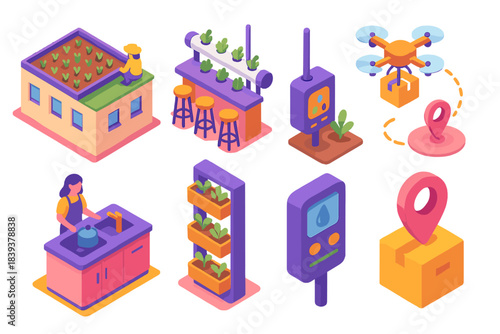 Urban Food Network Icons. Smart urban food networks flat isometric set: rooftop farm tile, hydroponic pipeline bar, nutrient sensor node, drone delivery path, community kitchen