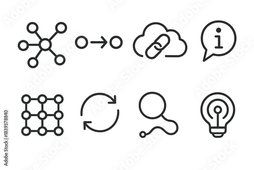 Digital Network Icons. Online Information Networks linear set: network nodes, data flow arrows, cloud link icon, info bubble, connection grid, sync waves, search path, knowledge