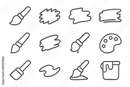 Various paintbrushes and paint strokes with a palette and paint can on a white background