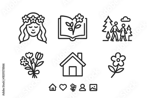 Decorative icons show nature, family, and creativity during a spring celebration in a simple design style