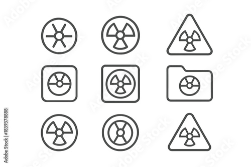 Symbols showing radiation danger in different shapes and designs across a grid layout on a plain background