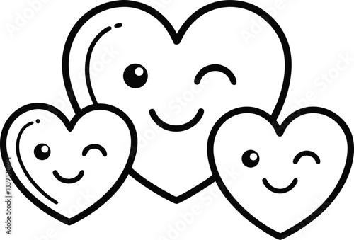 Groovy heart shapes with smiley faces on white.