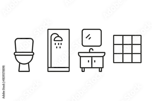 Simple bathroom fixtures shown in black outline, including a toilet, shower, sink, mirror, and tiles with no colors