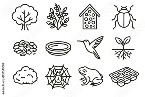 Backyard Ecosystem Icons. Home Ecosystem Life linear set: backyard tree, flowering shrub, insect hotel, beneficial beetle, garden mulch, water dish, hummingbird, mycorrhizal roots,
