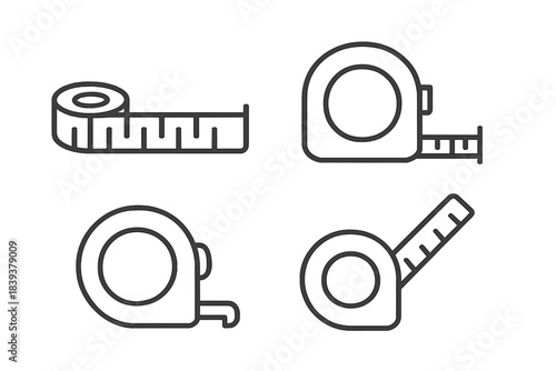 Different types of tape measures shown with simple designs and lines in one composition for tools and measuring purposes