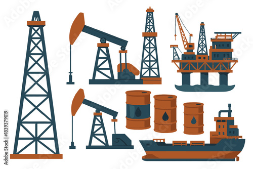Oil rigs, barrels, and ships in a coastal scene depicting the oil industry and offshore drilling