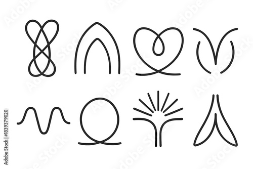 Symbolic Unity Icons. Symbolic Unity Set linear set: intertwined lines, balanced arcs, merging shapes, dual curve, common center dot, harmony wave, shared path, radiant point.