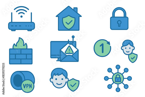 Icons showing elements of network security at home with various tools and symbols for protection
