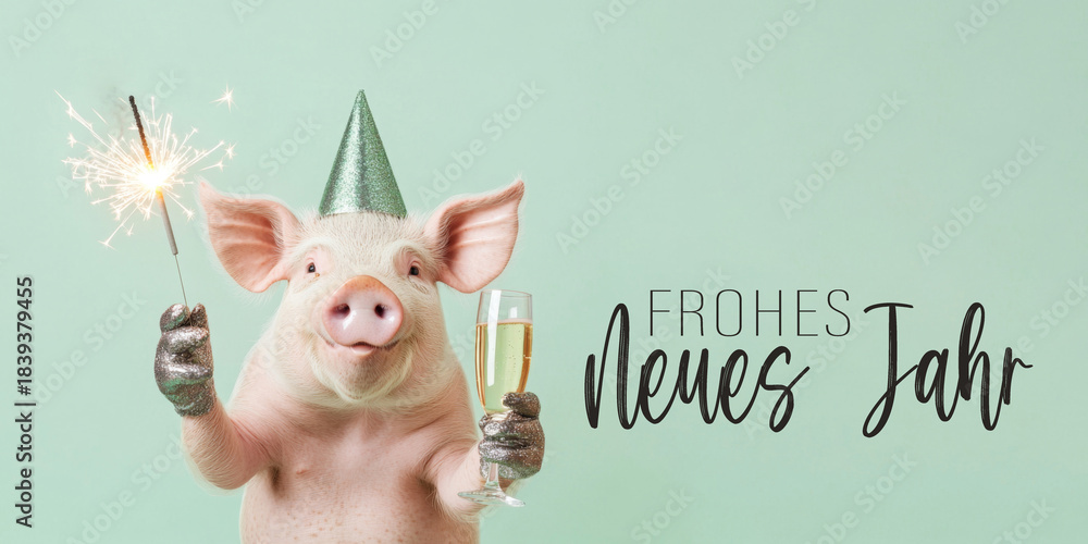 Fototapeta premium Frohes neues Jahr, Neujahr, Silvester, Party, Feier, lustiges Tier, Grußkarte, Karte mit deutschem Text - Süßes Schwein mit Wunderkerze und Sektglas, isoliert auf Hintergrund türkis