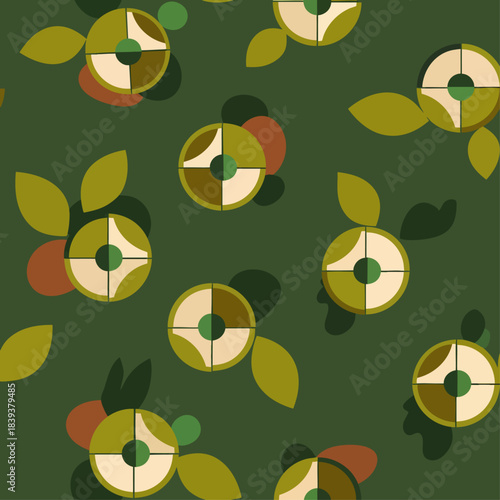 A stylish seamless pattern with abstract circular motifs and organic leaf shapes on a deep forest green background, perfect for modern design projects.