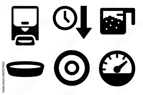 Smart Dispenser Icons. Automated Nutrition Devices silhouette set: smart dispenser tile, scheduled release arrow, measurement sensor icon, refill detection ring, feeding tray,
