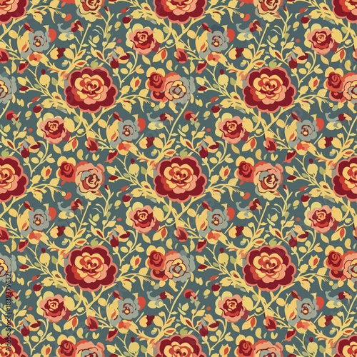 A vibrant, vintage-inspired floral pattern featuring richly colored red and pink roses with golden leaves on a deep teal background, perfect for textile design.