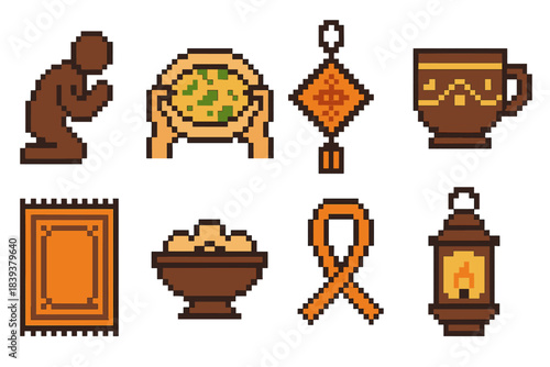 Hosting Icons Set. Tradition of Hosting Icons set of icons in flat pixel vector style: greeting bow, shared dish, welcome charm, decorative cup, hosting rug, offering bowl, unity
