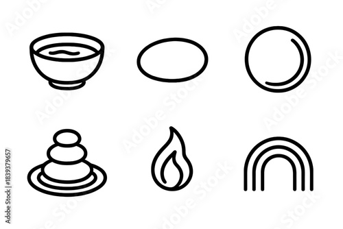 Zen Icon Set. Zen linear set: still water bowl, rounded contour, harmony ring, sand garden line, subtle flame, peaceful arch.