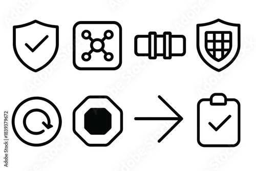 Utility Defense Icons. Utility Defense Modes linear set: safety shield emblem, vulnerability-scan tile, reinforced pipeline icon, grid-protect bar, service-stability ring, risk