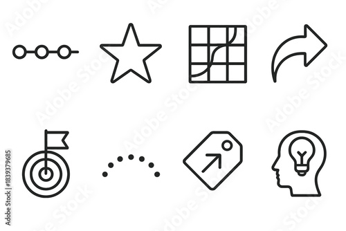 Career Planning Icons. Long-Term Career Planning linear set: multi-year timeline, aspiration star, roadmap grid, decision arrow, goal nodes, progress arc, opportunity tag, future