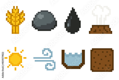 Nature Resource Icons. Fundamental natural resources set of icons in flat pixel vector style: grain bundle, river stone, crude oil droplet, geothermal steam icon, sunlight symbol,