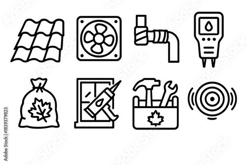 House Care Icons. Year-Round House Care linear set: roof tile, ventilation fan, pipe wrap, moisture detector, lawn cleanup bag, window caulk tube, seasonal toolbox, safety alarm