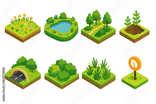 Eco Stewardship Icons. Ecological stewardship terrains flat isometric set: restored prairie tile, water retention basin, habitat corridor bar, soil renewal mound, wildlife crossing
