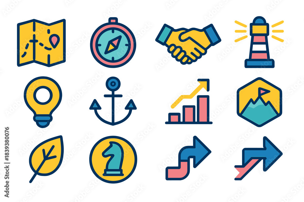 Fototapeta premium Development Icons Collection. Development Journey Icons flat set: learning map tile, curiosity compass, teamwork handshake, communication beacon, creative idea ring, focus anchor,