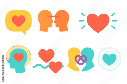 Empathy Icons Collection. Emotional Empathy flat set: heart bubble, shared feeling line, empathy aura, understanding wave, soft glow, attuned symbol, connection knot, gentle pulse.