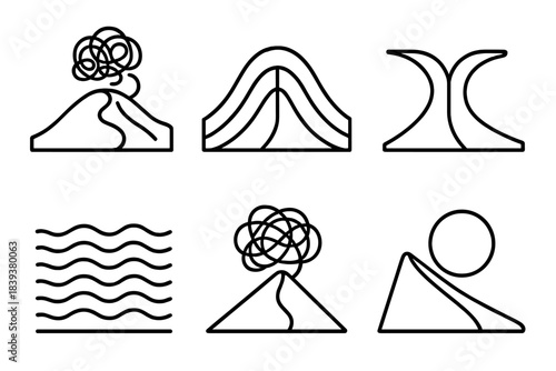 Emotional Landscape Icons. Emotional Terrain Set linear set: restless-mind dune, tension fold arc, internal-stress slope, conflicting-thought fork, pressure ripple tile, tangled