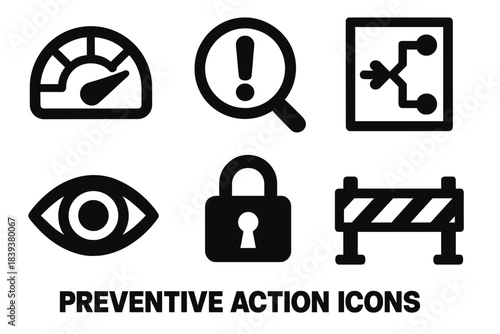Preventive Icons Set. Preventive Action Set silhouette set: risk gauge, early sign magnifier, contingency plan, safety lock, monitoring eye, barrier tape.