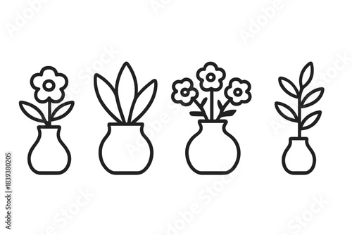 Four simple outline icons of potted flowers and houseplants in vases