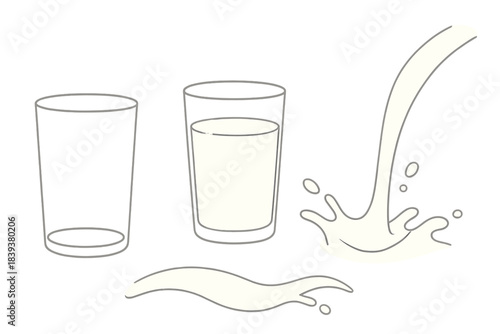 Milk glasses with pouring and splashing liquid elements