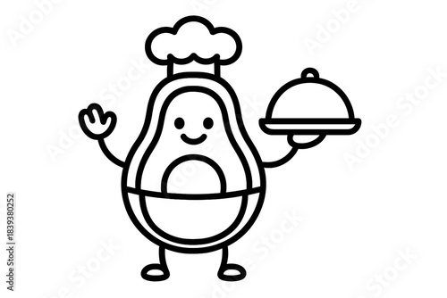 Charming avocado chef mascot holding a covered serving dish