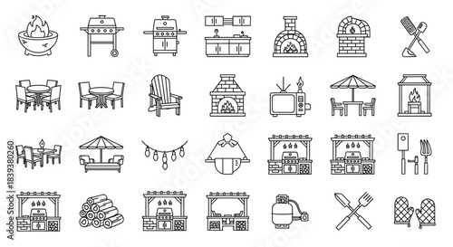 Outdoor kitchen icons showcase a variety of cooking and dining elements, including grills, ovens, furniture, and accessories for outdoor living