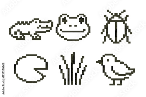 Swamp Creature Icons. Swamp Animal Icons set of icons in flat pixel vector style: alligator outline, frog face, water beetle, lily pad, marsh grass, small bird.