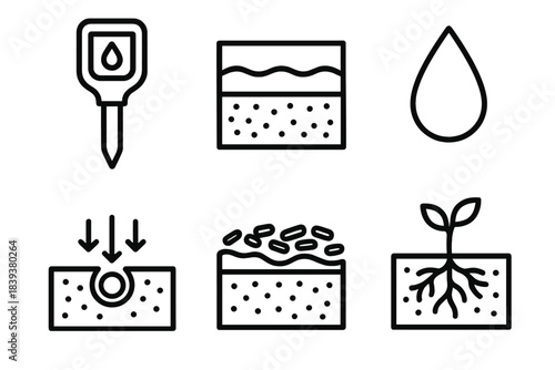 Soil & Water Management. Soil & Water Management linear set: moisture meter, soil layers, water droplet, drainage hole, mulch layer, root zone.