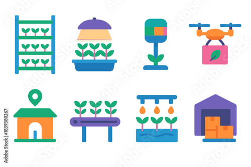 Futuristic Urban Farming Icons. Next-gen city agriculture flat set: vertical grow rack, controlled environment tray, nutrient monitor bar, delivery drone icon, community food node,