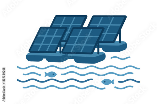Floating solar panels array on water with fish icons