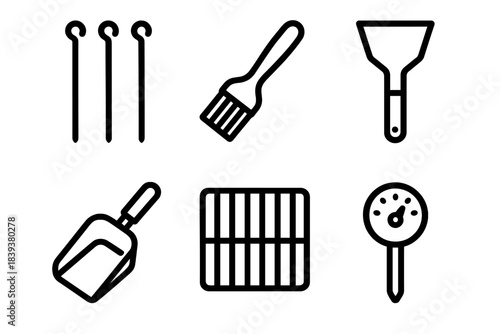 BBQ Tool Icons. Outdoor BBQ Tool Set linear set: skewers, marinade brush, grill scraper, charcoal scoop, cooking rack, intensity meter.