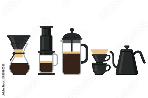 Various manual coffee brewing equipment and hot water kettle
