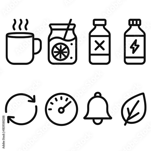 Mindful Beverage Icons. Mindful Beverage Choices linear set: warm tea mug, citrus water jar, low-sugar drink icon, electrolyte bottle, refresh cycle arrows, sipping pace gauge,