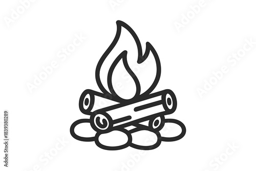 Outline icon of a campfire with burning logs and surrounding stones