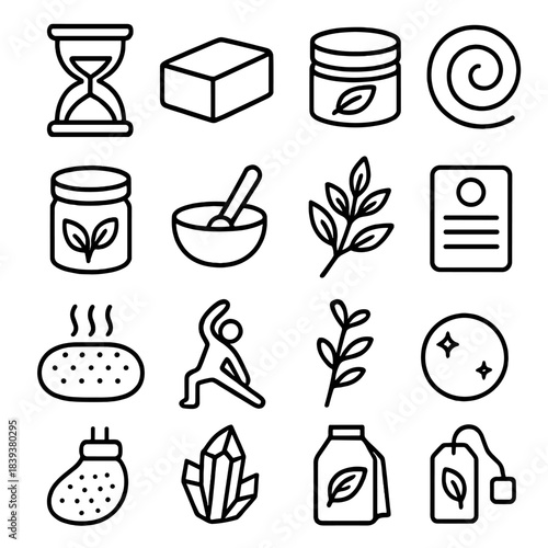 Wellbeing Icon Set. Integrative Wellbeing Elements linear set: mindfulness timer, yoga block, organic balm pot, breathing spiral icon, restorative herb jar, sound bowl mallet,